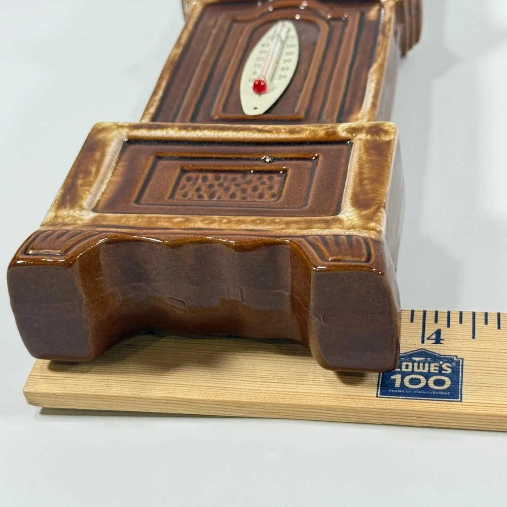 VTG Grandfather Clock Thermometer Ceramic‎ Brown Drip Glaze Japan MCM Home Decor